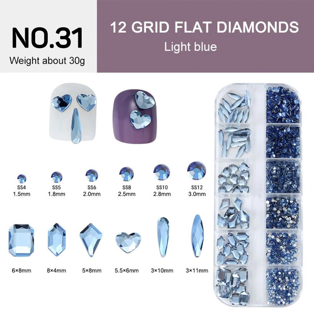 12 Grids Flat Diamonds Rhinestones 31 Light Blue - DTK Nail Supply