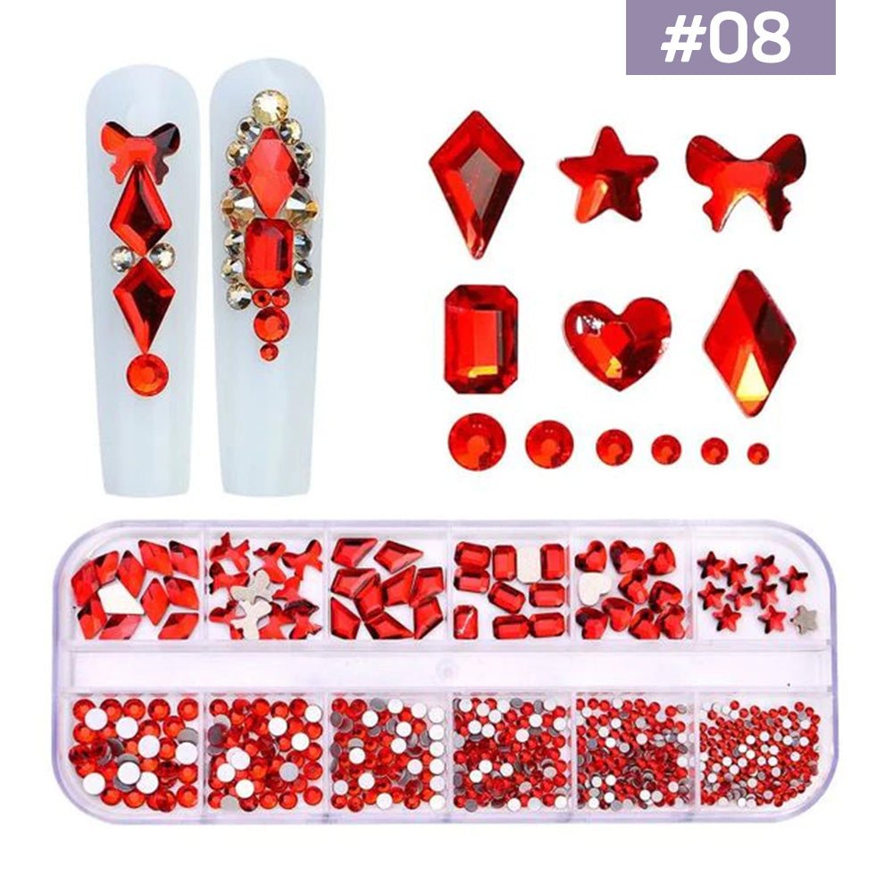 12 Grids Flatback Rhinestones RB - 08 Red - DTK Nail Supply