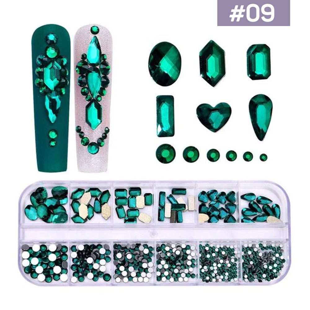 12 Grids Flatback Rhinestones RB - 09 Green - DTK Nail Supply