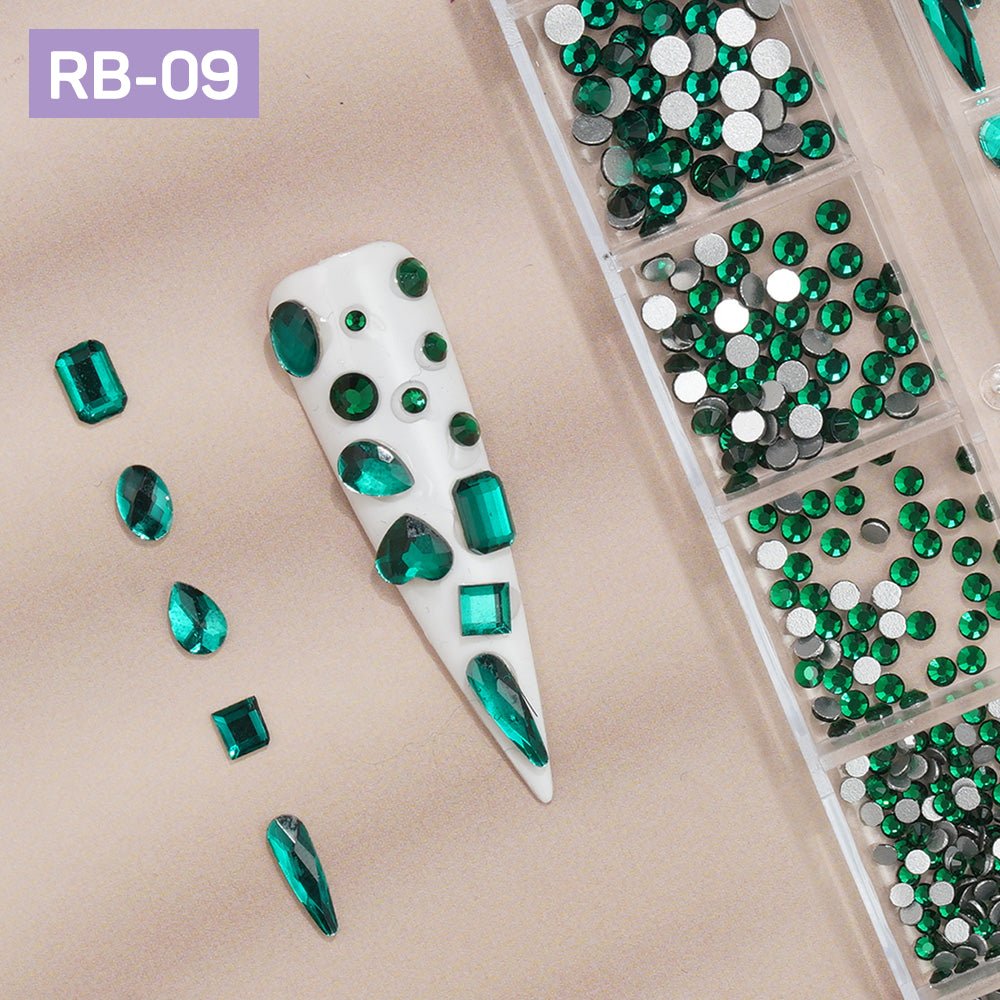 12 Grids Flatback Rhinestones RB - 09 Green - DTK Nail Supply