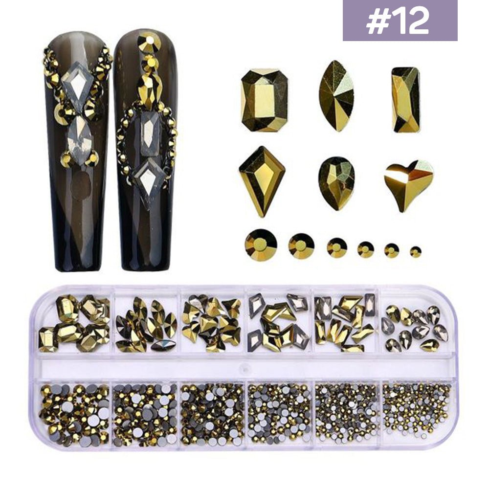 12 Grids Flatback Rhinestones RB - 12 Mine Gold - DTK Nail Supply