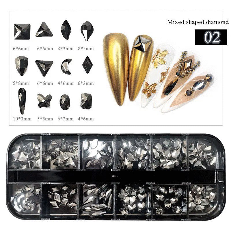 12 Grids Flatback Rhinestones RB - 18 Mine Black - DTK Nail Supply