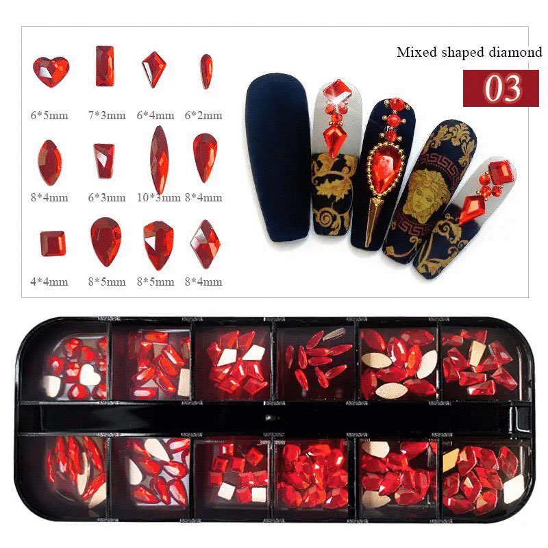 12 Grids Flatback Rhinestones RB - 19 Red - DTK Nail Supply