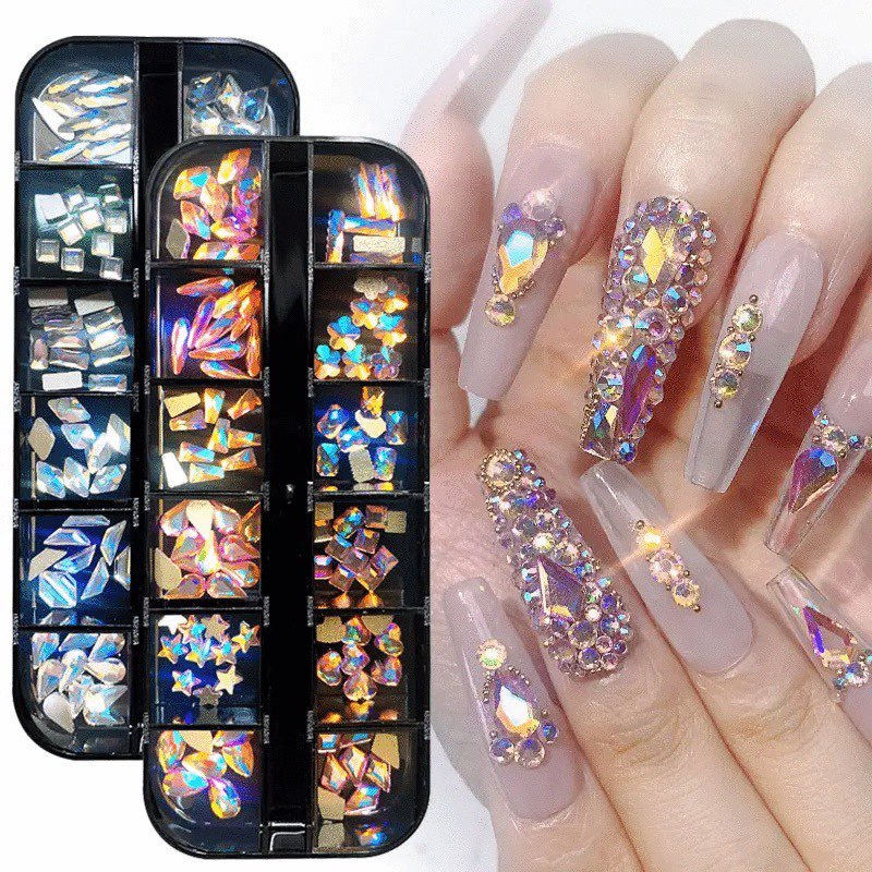12 Grids Flatback Rhinestones RB - 20 Pink AB - DTK Nail Supply