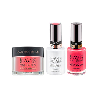  LAVIS 3 in 1 - 186 Hot Coral - Acrylic & Dip Powder, Gel & Lacquer by LAVIS NAILS sold by DTK Nail Supply