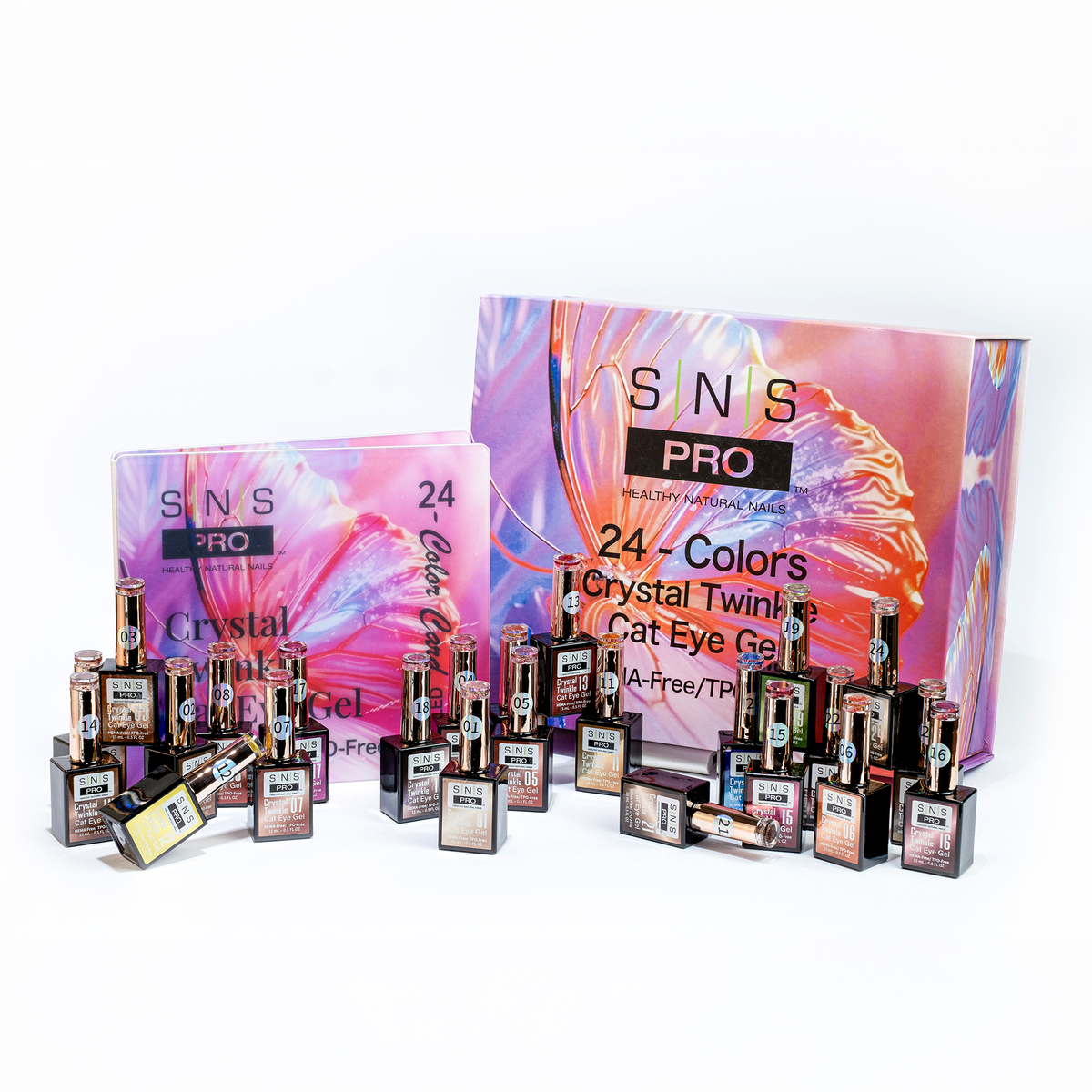 SNS Pro Cat Eye Set 24 Colors HEMA & TPO Free Crystal Twinkle Collection + FREE Sample Color Chart
