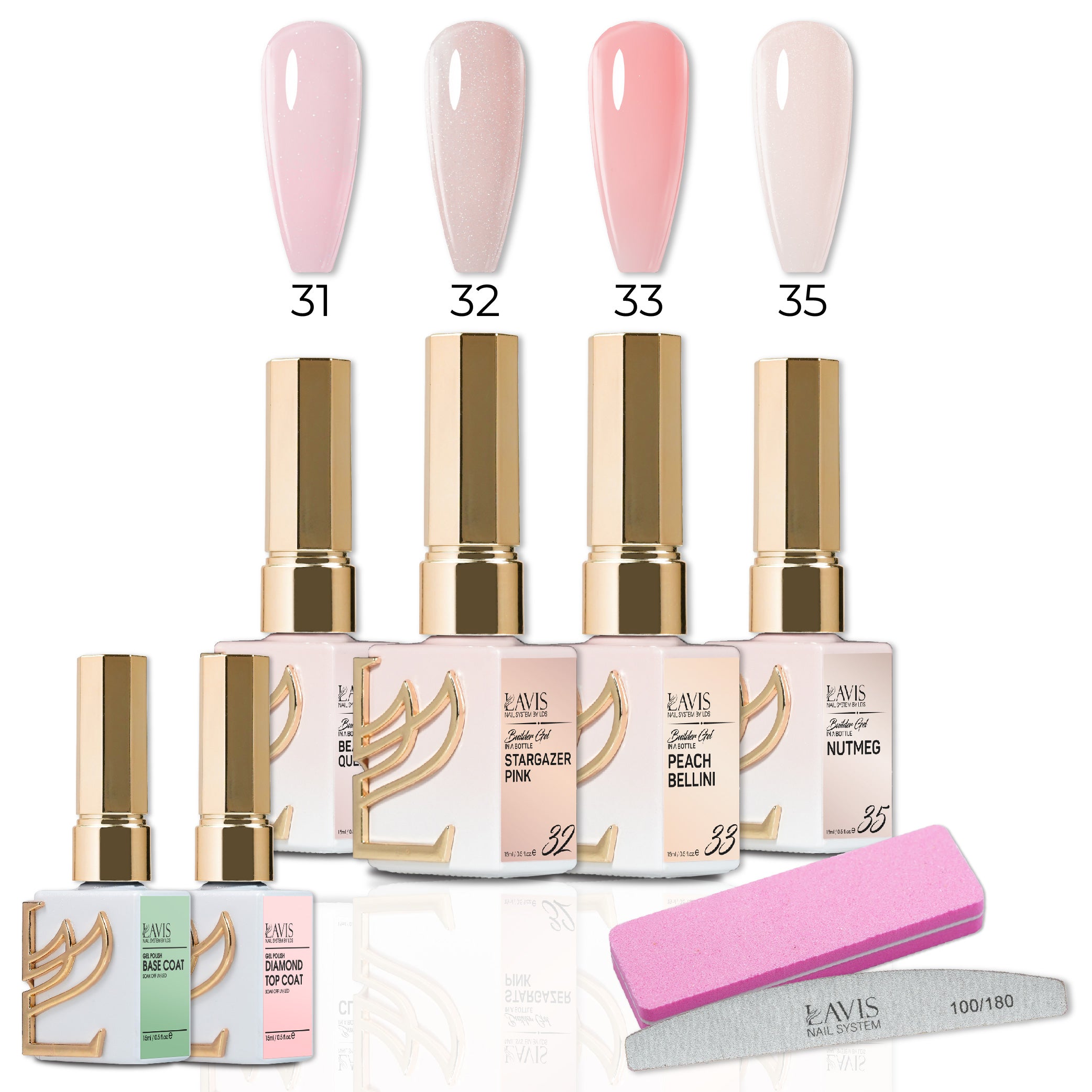  Lavis Builder Gel Set 9: 4 Builder Gel, 1 Base Gel, 1 Top Gel, 1 Buffer, 1 Nail Files - 31, 32, 33, 35 by LAVIS NAILS sold by DTK Nail Supply