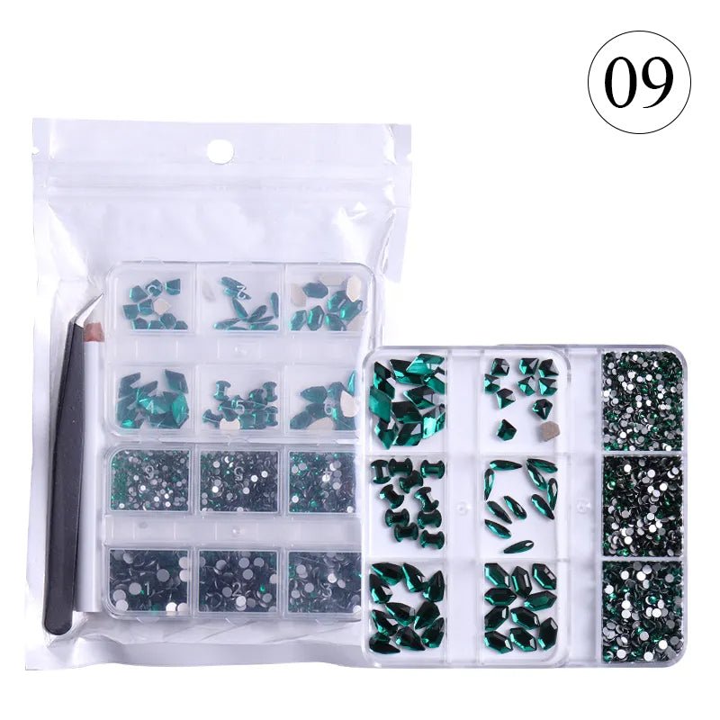 2 Pack 6 Grid Glass FlatBack Rhinestones 09 Emerald - DTK Nail Supply