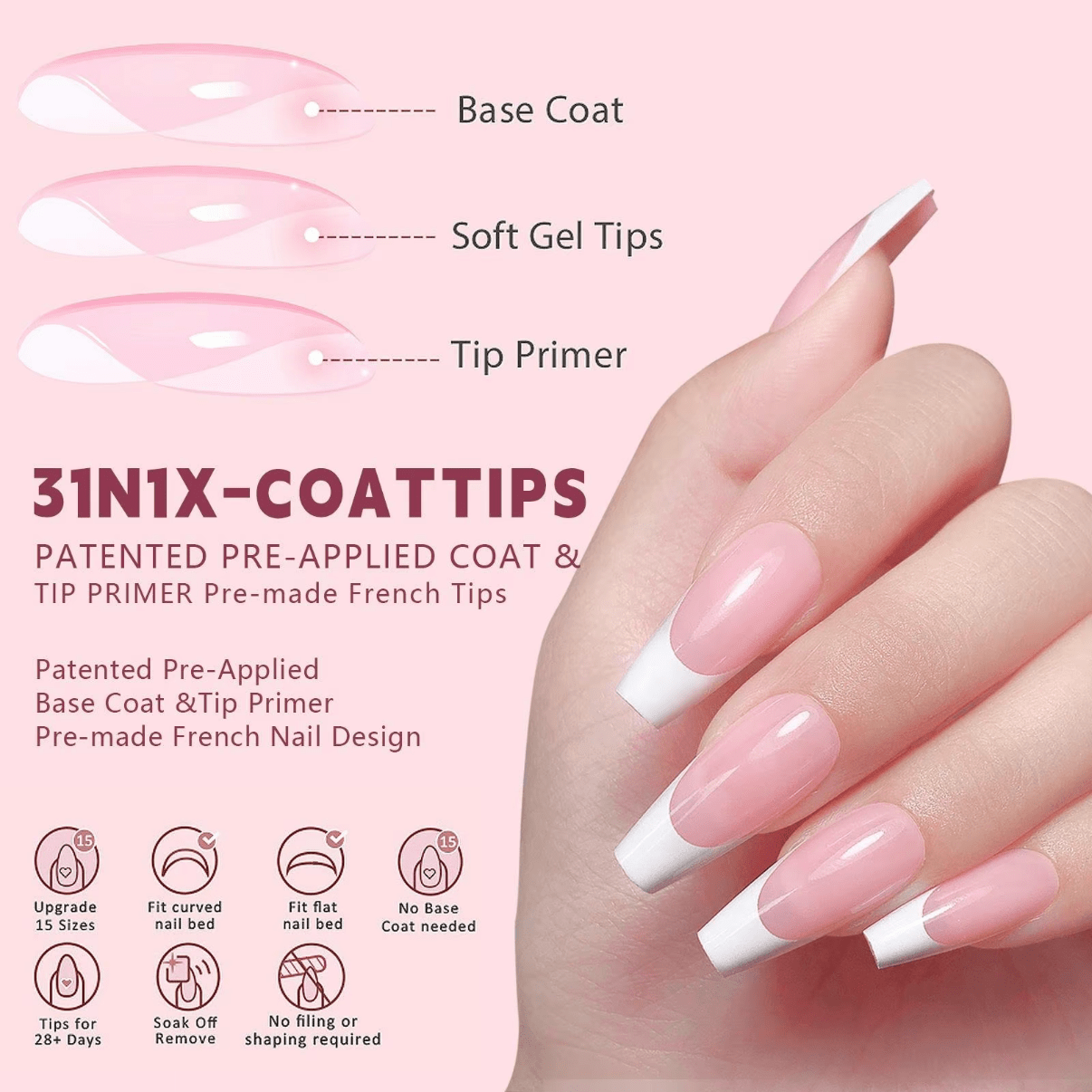 3 - in - 1 Coattips - French Nails Tips Full Cover Press on Nails - YS10 - DTK Nail Supply