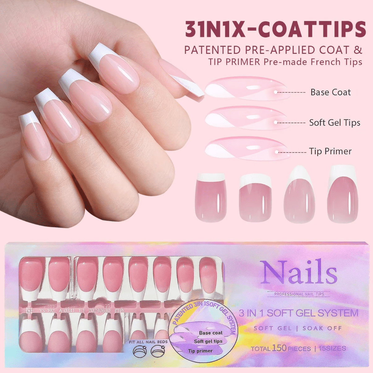 3 - in - 1 Coattips - French Nails Tips Full Cover Press on Nails - YS10 - DTK Nail Supply