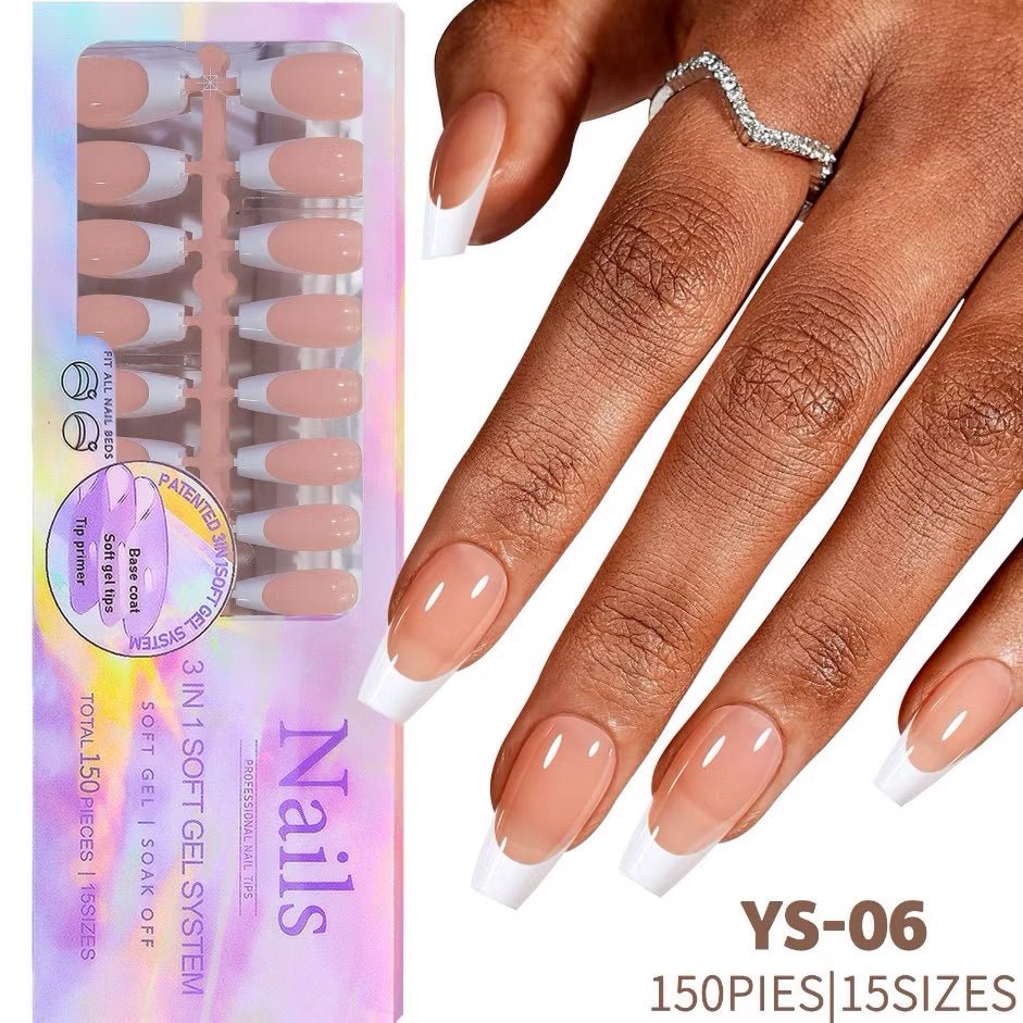 3 - in - 1 Coattips - French Nails Tips Full Cover Press on Nails - YS6 - DTK Nail Supply