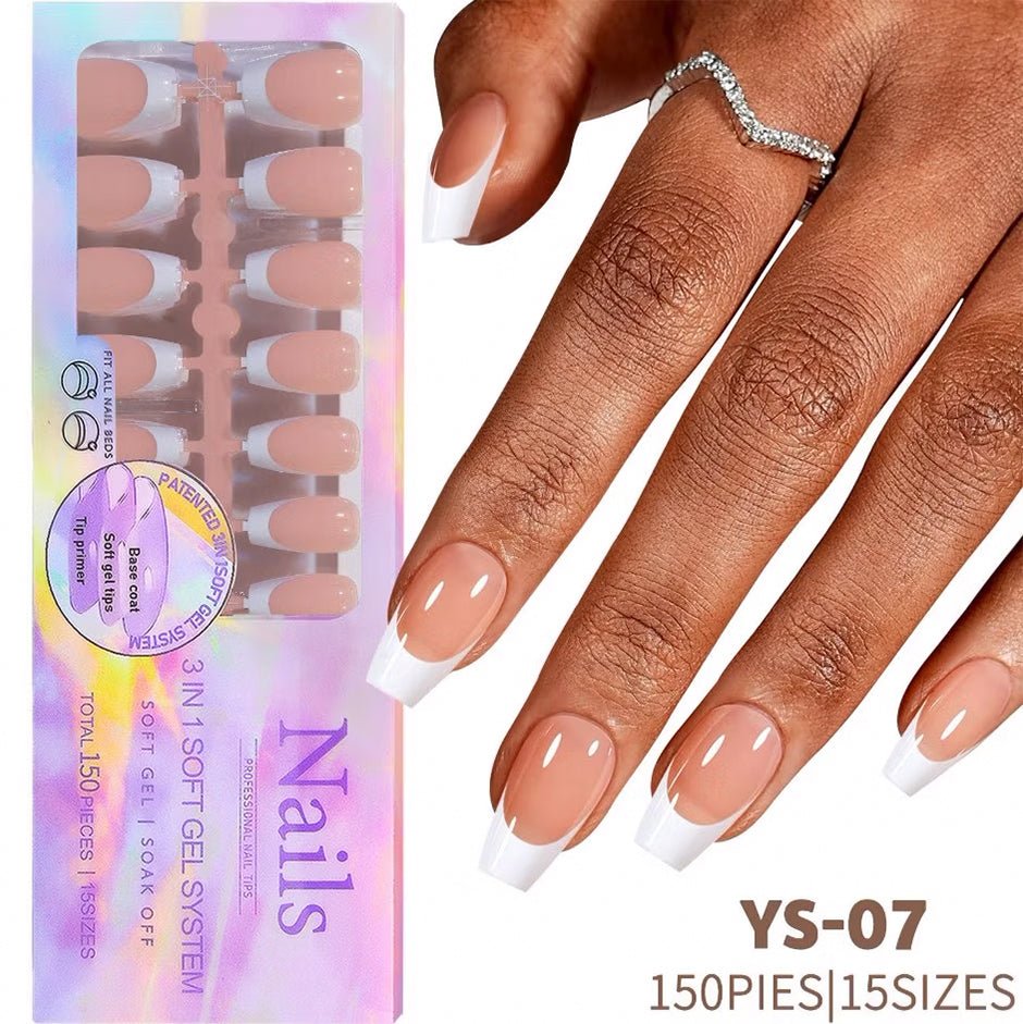 3 - in - 1 Coattips - French Nails Tips Full Cover Press on Nails - YS7 - DTK Nail Supply