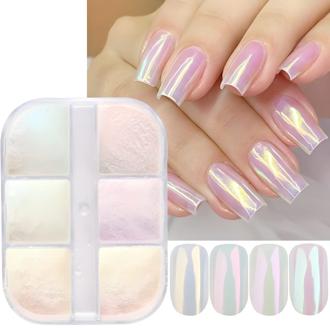 6 Grids of Chrome Powder - 1909 - 12 - 2 - Aurora Pearl - DTK Nail Supply
