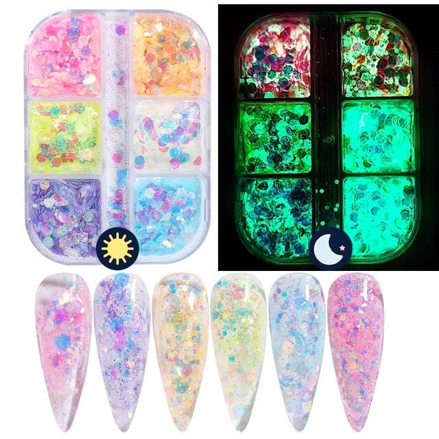 6 Grids of Glow in the Dark Sequins - 1909 - 20 - 12 Carnival - DTK Nail Supply