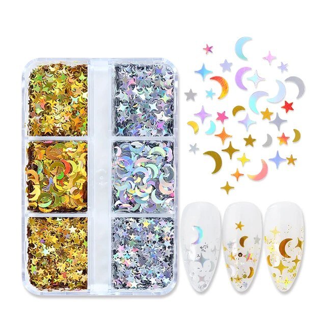 6 Grids of Holographic Sequins - 13 Moon Stars - DTK Nail Supply
