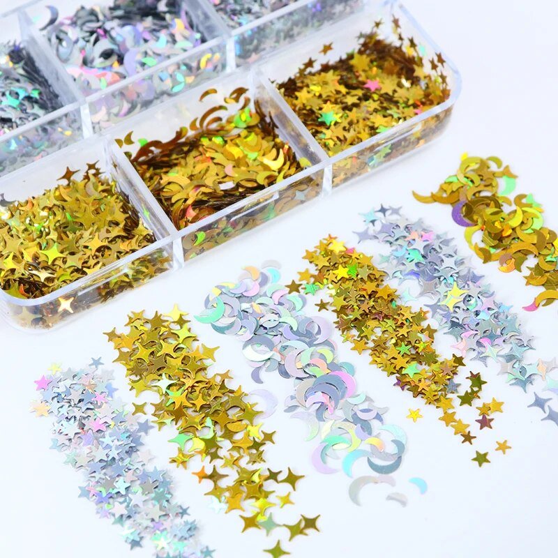 6 Grids of Holographic Sequins - 13 Moon Stars - DTK Nail Supply