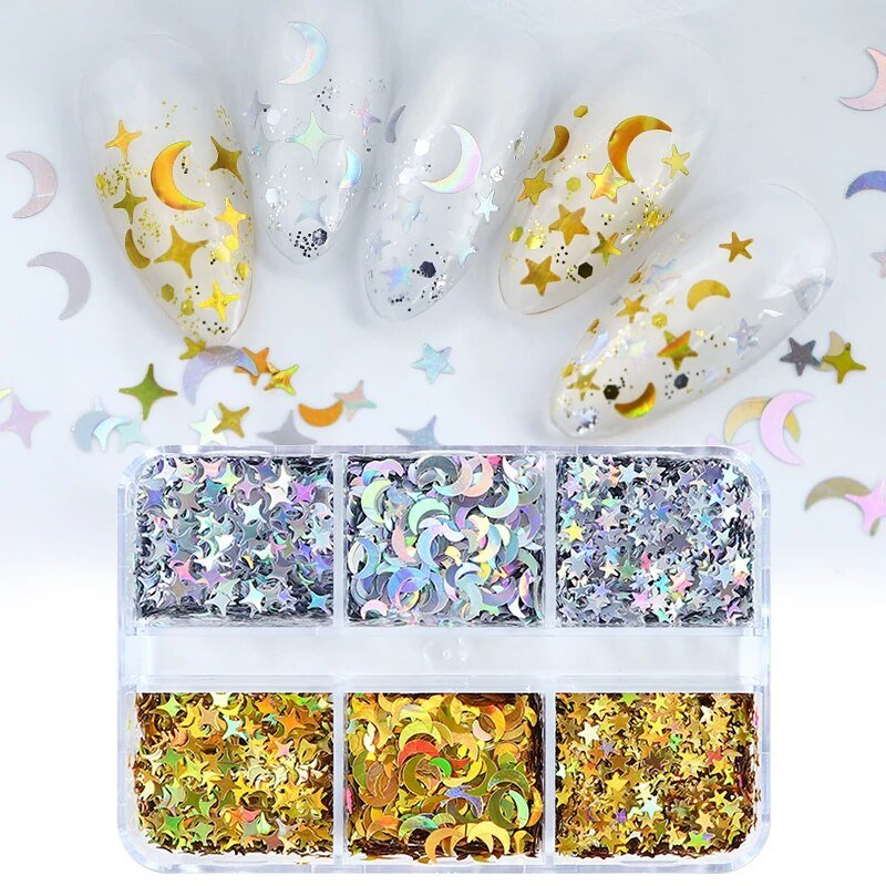 6 Grids of Holographic Sequins - 13 Moon Stars - DTK Nail Supply
