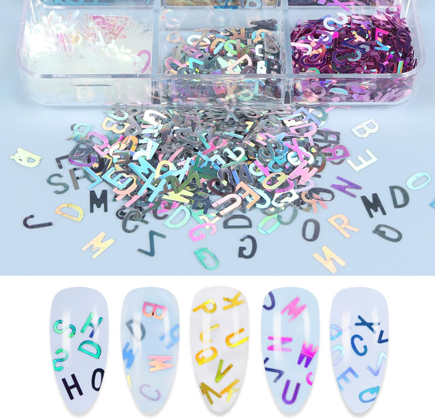 6 Grids of Holographic Sequins - 21 Letters - DTK Nail Supply