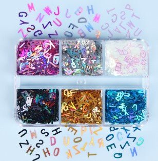 6 Grids of Holographic Sequins - 21 Letters - DTK Nail Supply