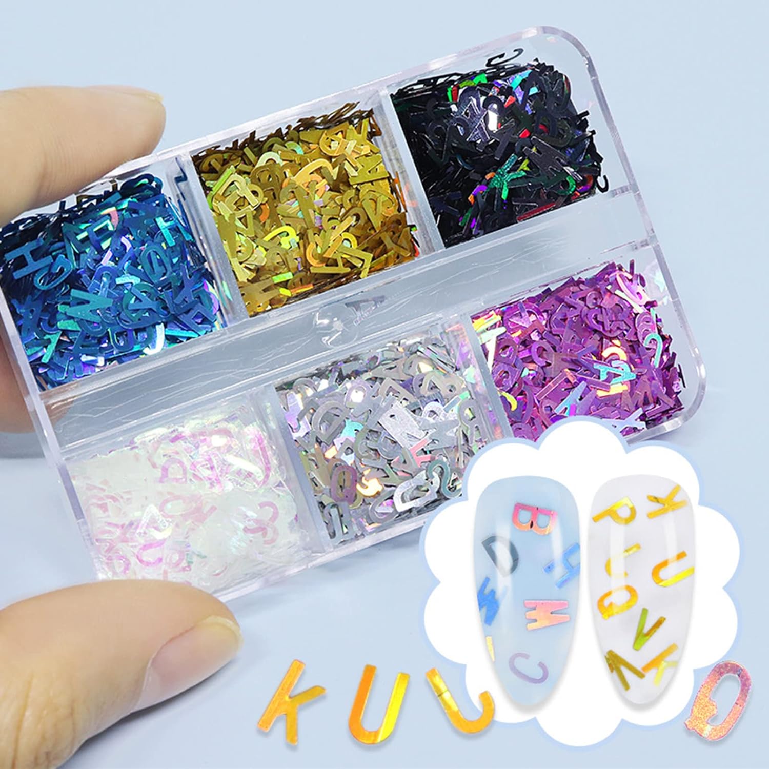 6 Grids of Holographic Sequins - 21 Letters - DTK Nail Supply
