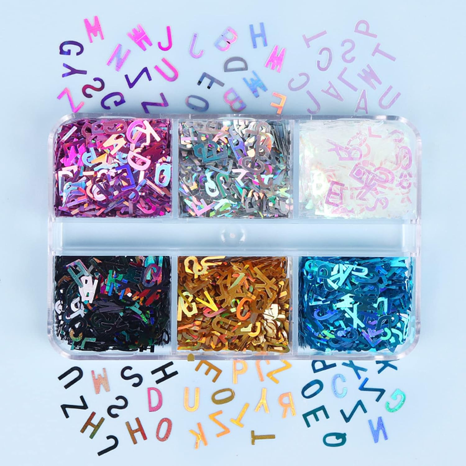 6 Grids of Holographic Sequins - 21 Letters - DTK Nail Supply