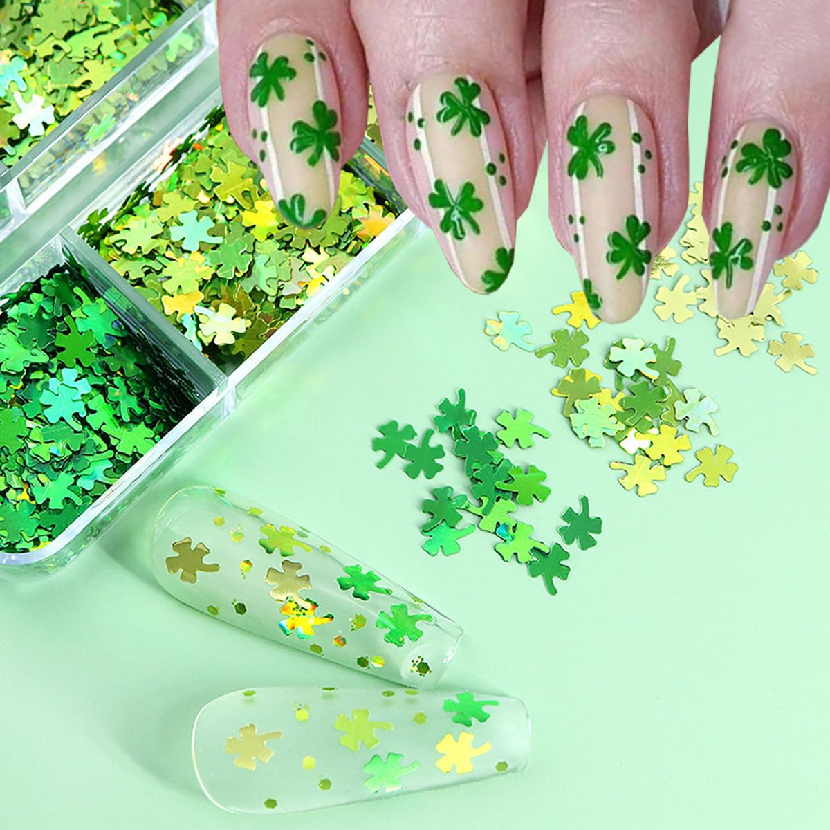 6 Grids of Holographic Sequins - 28 Lucky Clovers - DTK Nail Supply