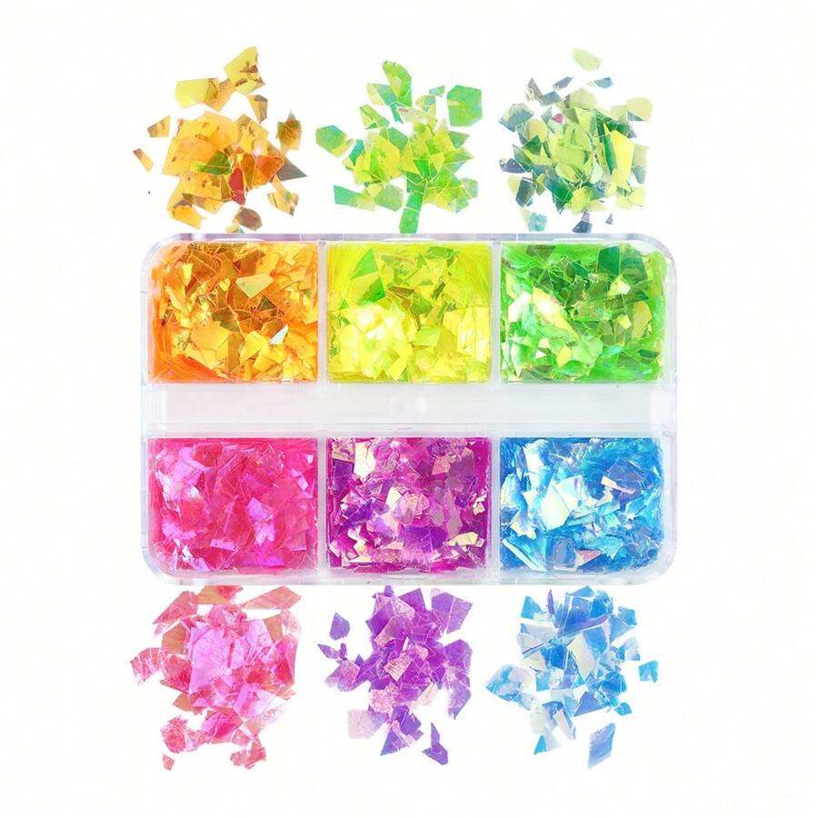 6 Grids of Iridescent Flakes - 4 - Neon - DTK Nail Supply