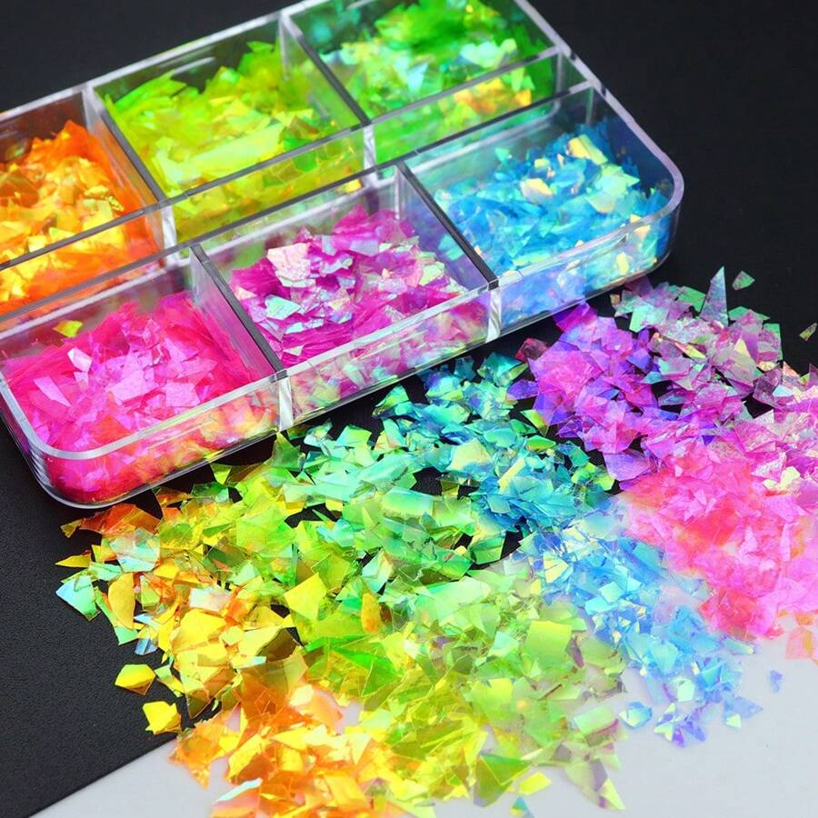6 Grids of Iridescent Flakes - 4 - Neon - DTK Nail Supply