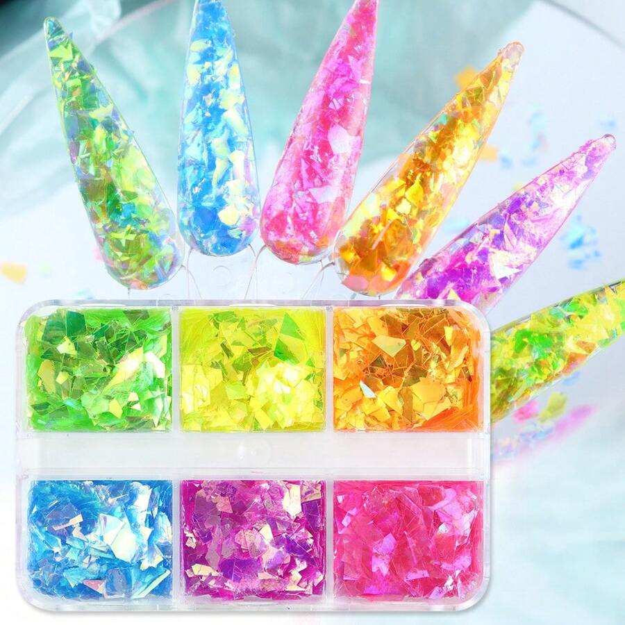 6 Grids of Iridescent Flakes - 4 - Neon - DTK Nail Supply