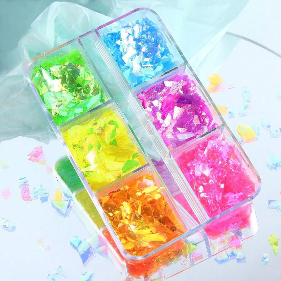 6 Grids of Iridescent Flakes - 4 - Neon - DTK Nail Supply