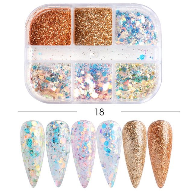 6 Grids of Mixed Nail Art - 1909 - 18 - 1 - Fine/Chunky - DTK Nail Supply