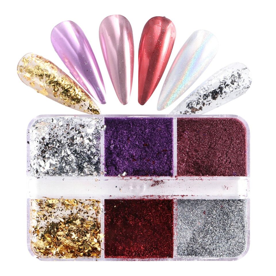 6 Grids of Mixed Nail Art - Chrome & Foil - 1909 - 40 - 2 Purple/Red - DTK Nail Supply