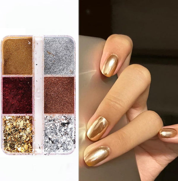 6 Grids of Mixed Nail Art - Chrome & Foil - 1909-38 - #1 - Metal