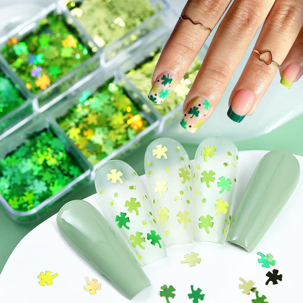  6 Grids of Holographic Sequins - #28 Lucky Clovers by Nail Charm sold by DTK Nail Supply