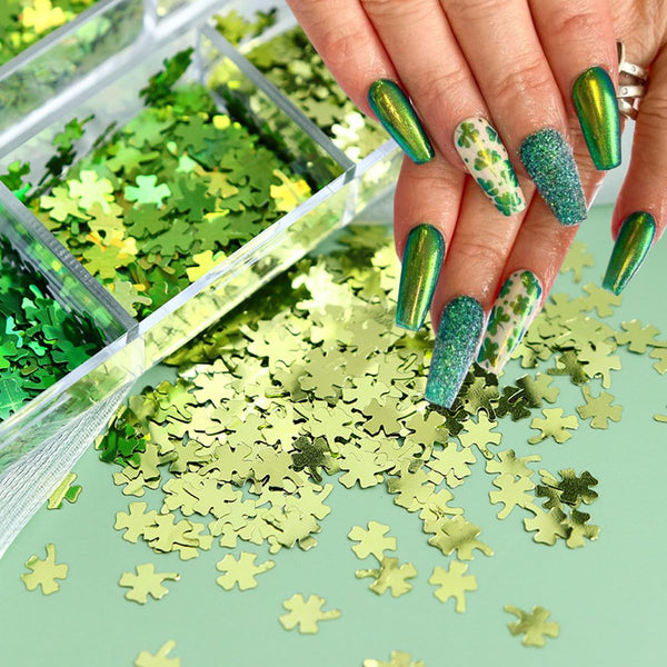  6 Grids of Holographic Sequins - #28 Lucky Clovers by Nail Charm sold by DTK Nail Supply