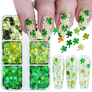  6 Grids of Holographic Sequins - #28 Lucky Clovers by Nail Charm sold by DTK Nail Supply