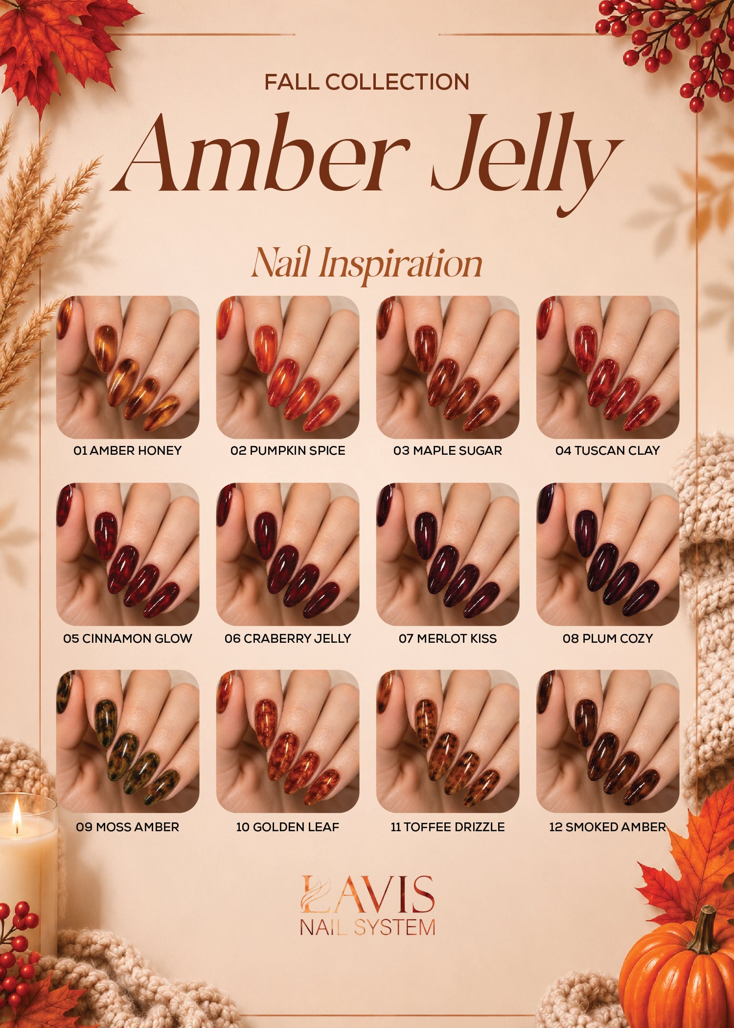 LAVIS Set 12 Colors - Gel Polish 0.5 oz - Amber Jelly Collection