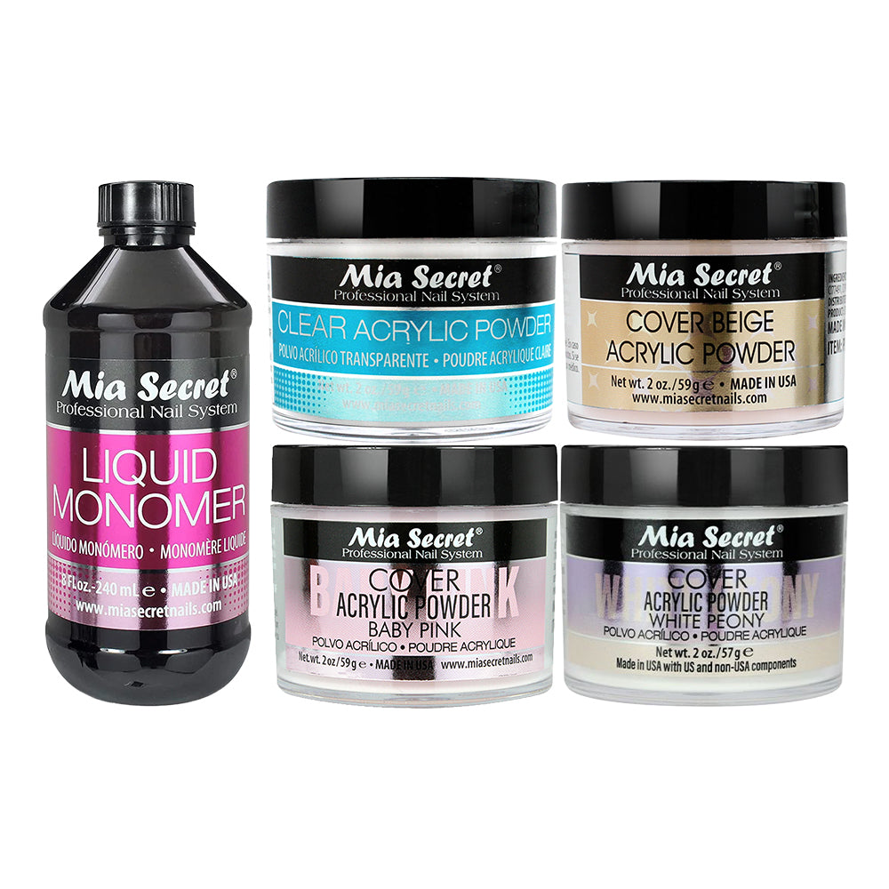  Mia Secret Kit 5: White Acrylic Powder, Cover Baby Pink, Cover Beige, Clear Acrylic Powder 2oz, Nail Liquid Monomer by Mia Secret sold by DTK Nail Supply