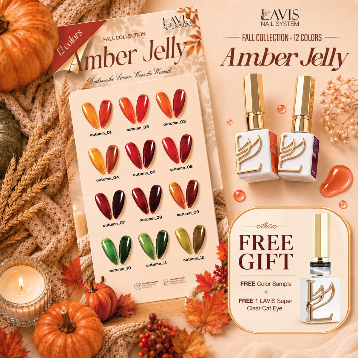 LAVIS Amber Jelly Collection Gel Polish Set 12 Colors 0.5 oz + FREE Sample Color Chart + FREE LAVIS Super Clear Cat Eye