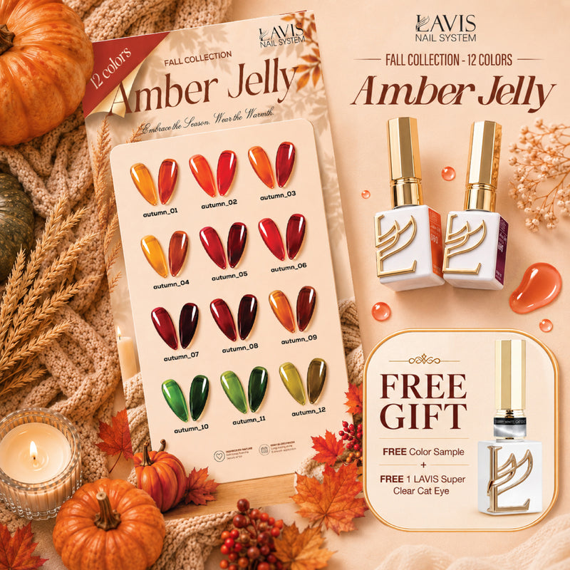 LAVIS Amber Jelly Collection Gel Polish Set 12 Colors 0.5 oz + FREE Sample Color Chart + FREE LAVIS Super Clear Cat Eye