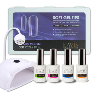 LAVIS - Square Medium Clear Soft Gel Tips + LED/UV Nail Lamps 48W HS-887 + LAVIS Gel Base, Diamond Top, Protein Bond & Primer, Soft Gel Tip Adhesive - 0.5 oz