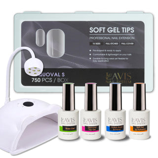LAVIS - Squoval S Full Etched Soft Gel Tips + LED/UV Nail Lamps 48W HS-887 + LAVIS Gel Base, Diamond Top, Protein Bond & Primer, Soft Gel Tip Adhesive - 0.5 oz