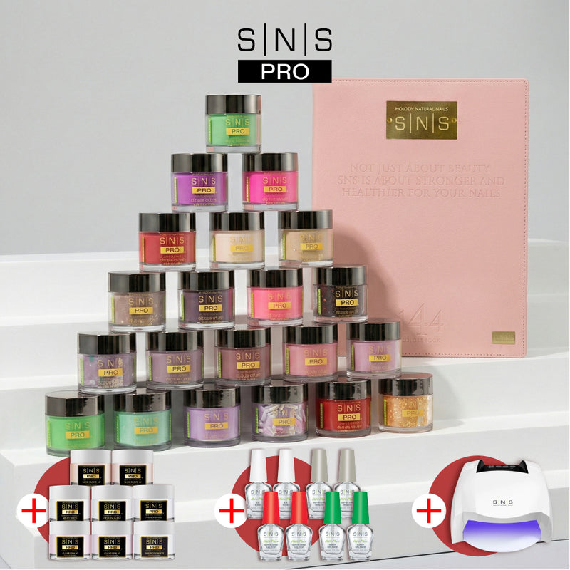 DTK Nail Supply - Authentic SNS Pro Dipping Powder - Set 144 Colors - Pink Collection - FREE Set of 8 SNS 5-in-1 Powders + 2 Liquid Sets + 1 SNS Lamp for wholesale salon use