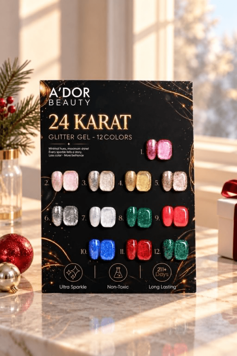 A'DOR 24 Karat Glitter Gel Set 12 Colors + FREE A'DOR Diamond Top Coat + FREE Sample Set - DTK Nail Supply