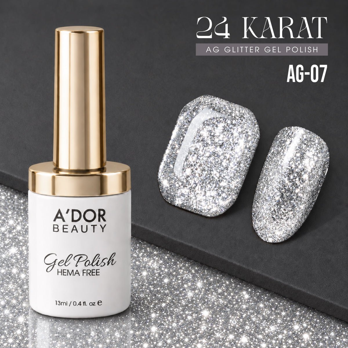 A'DOR 24 Karat Glitter Gel - Set 12 Colors - HEMA & TPO Free - 0.4 oz + FREE A'DOR Diamond Top Coat + FREE Sample Set - DTK Nail Supply
