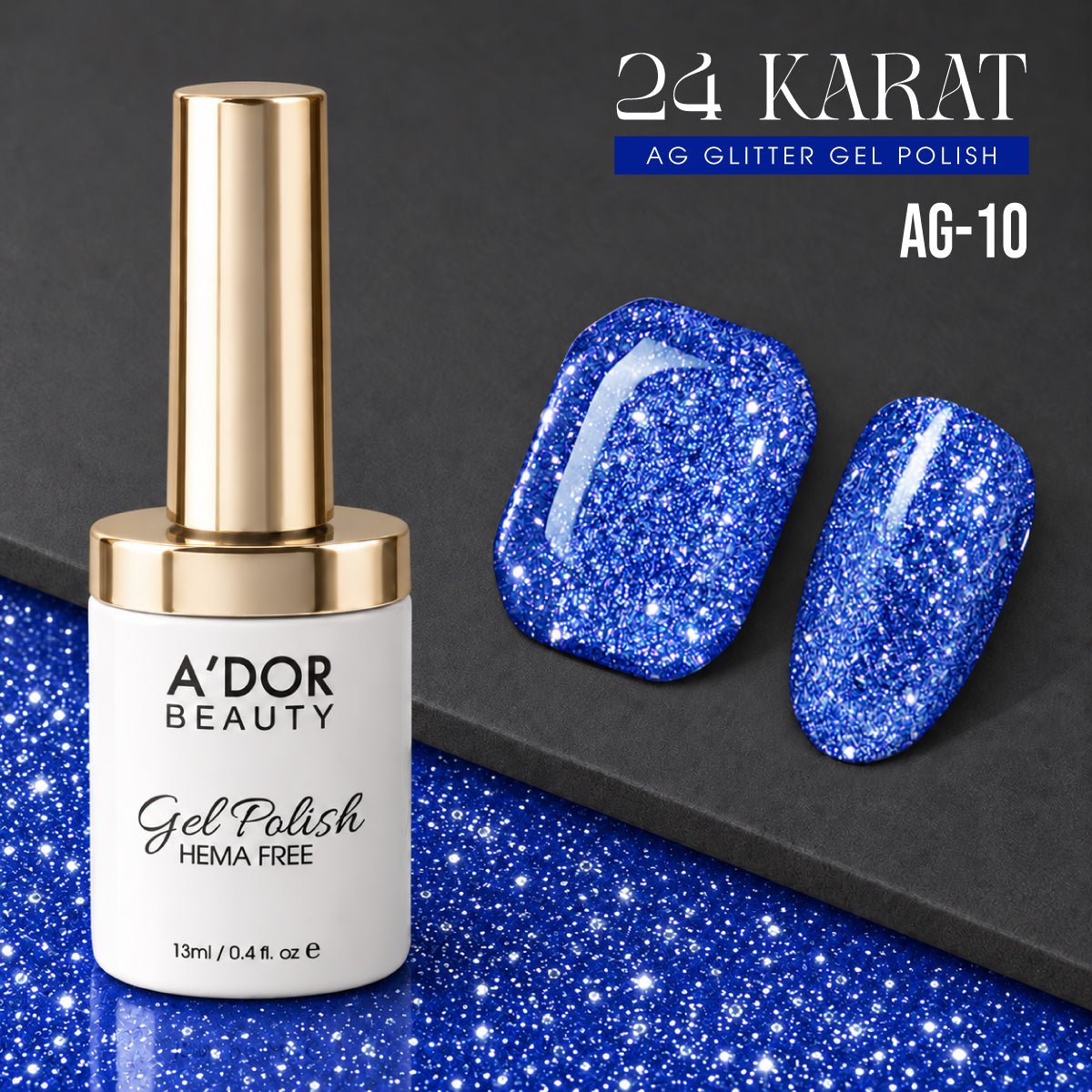 A'DOR 24 Karat Glitter Gel - Set 12 Colors - HEMA & TPO Free - 0.4 oz + FREE A'DOR Diamond Top Coat + FREE Sample Set - DTK Nail Supply