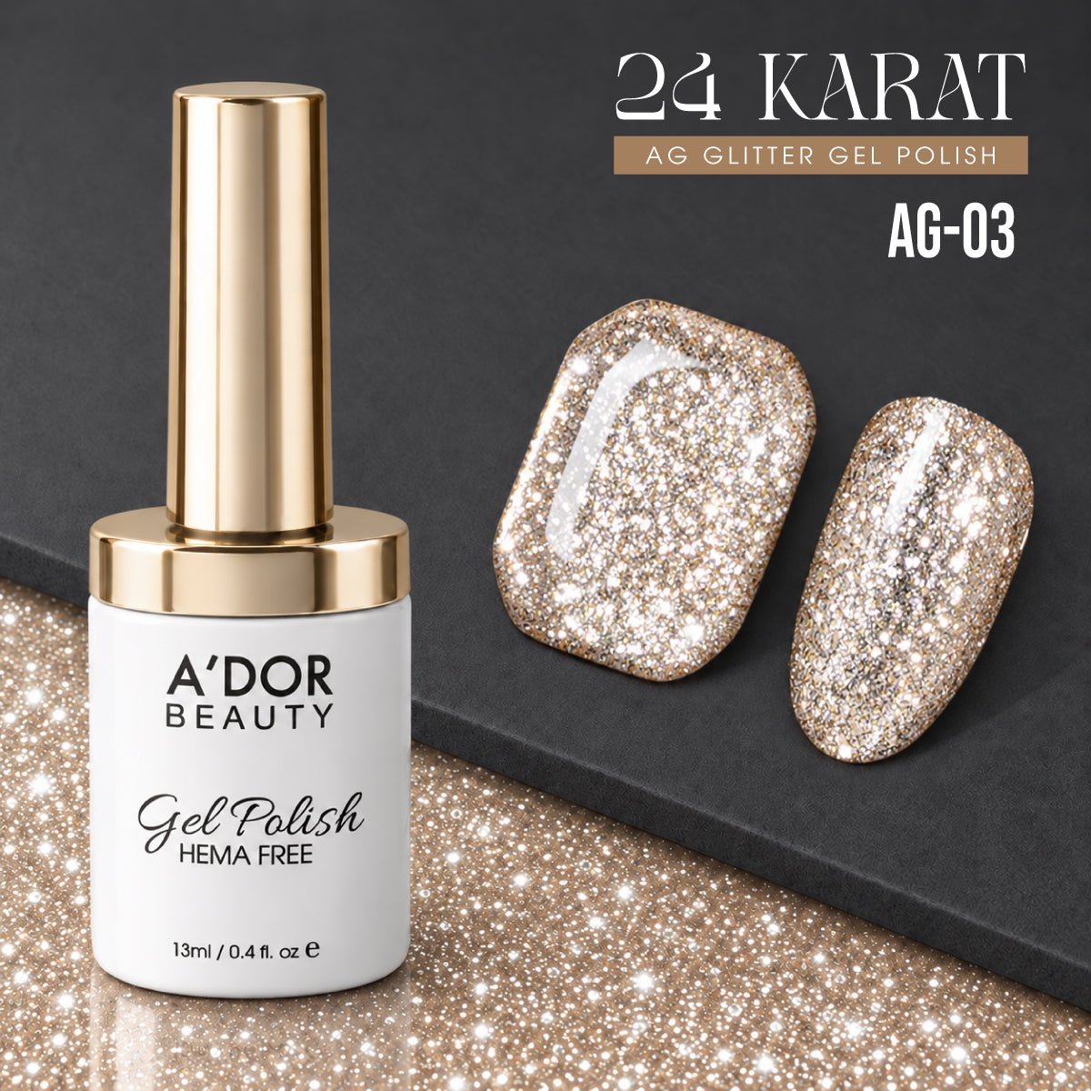 A'DOR 24 Karat Glitter Gel - Set 12 Colors - HEMA & TPO Free - 0.4 oz + FREE A'DOR Diamond Top Coat + FREE Sample Set - DTK Nail Supply