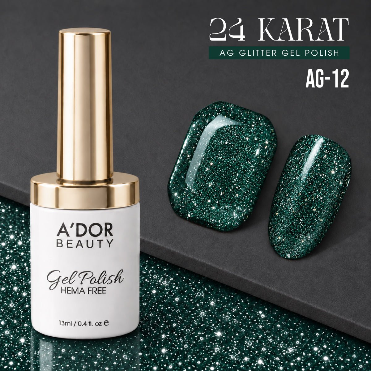 A'DOR 24 Karat Glitter Gel - Set 12 Colors - HEMA & TPO Free - 0.4 oz + FREE A'DOR Diamond Top Coat + FREE Sample Set - DTK Nail Supply