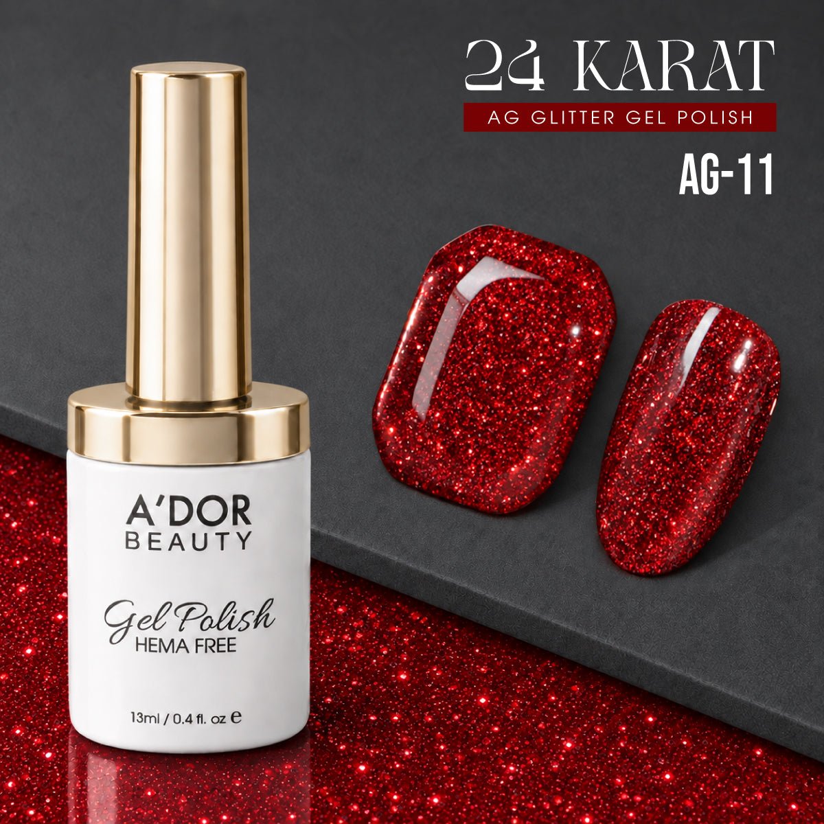 A'DOR 24 Karat Glitter Gel - Set 12 Colors - HEMA & TPO Free - 0.4 oz + FREE A'DOR Diamond Top Coat + FREE Sample Set - DTK Nail Supply