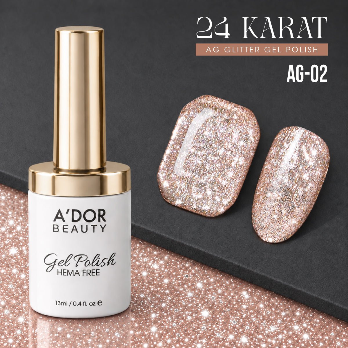 A'DOR 24 Karat Glitter Gel - Set 12 Colors - HEMA & TPO Free - 0.4 oz + FREE A'DOR Diamond Top Coat + FREE Sample Set - DTK Nail Supply
